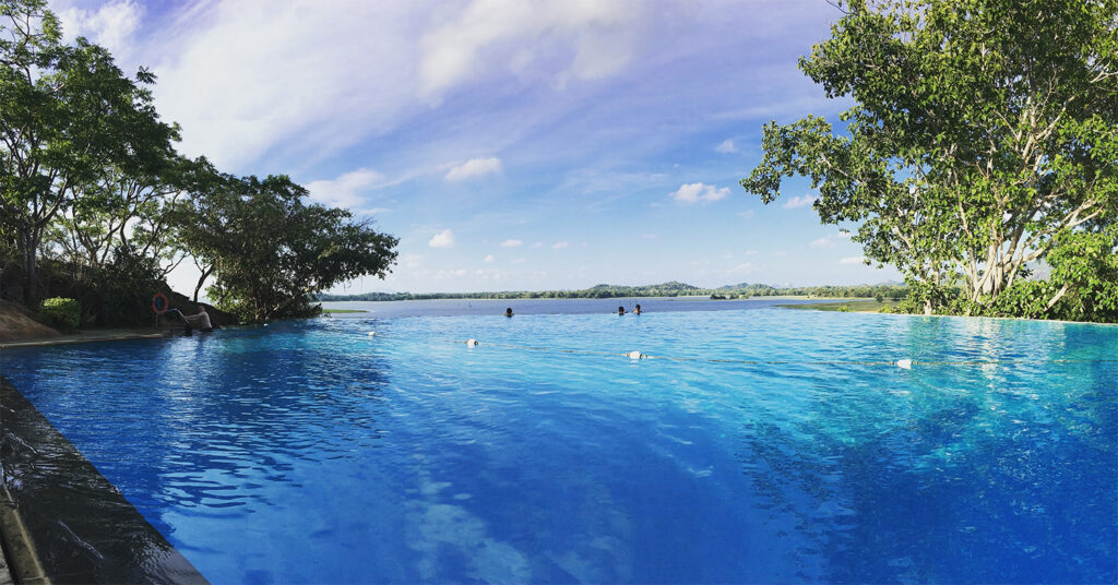 Panoramic view of swimming pool in Heritance Kandalama in Sri Lanka